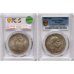 Ferenc József 5 korona Koronázási 1907 KB PCGS MS63
